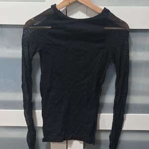 Elegant Black Long Sleeve Women's Top- Mesh Sleeves